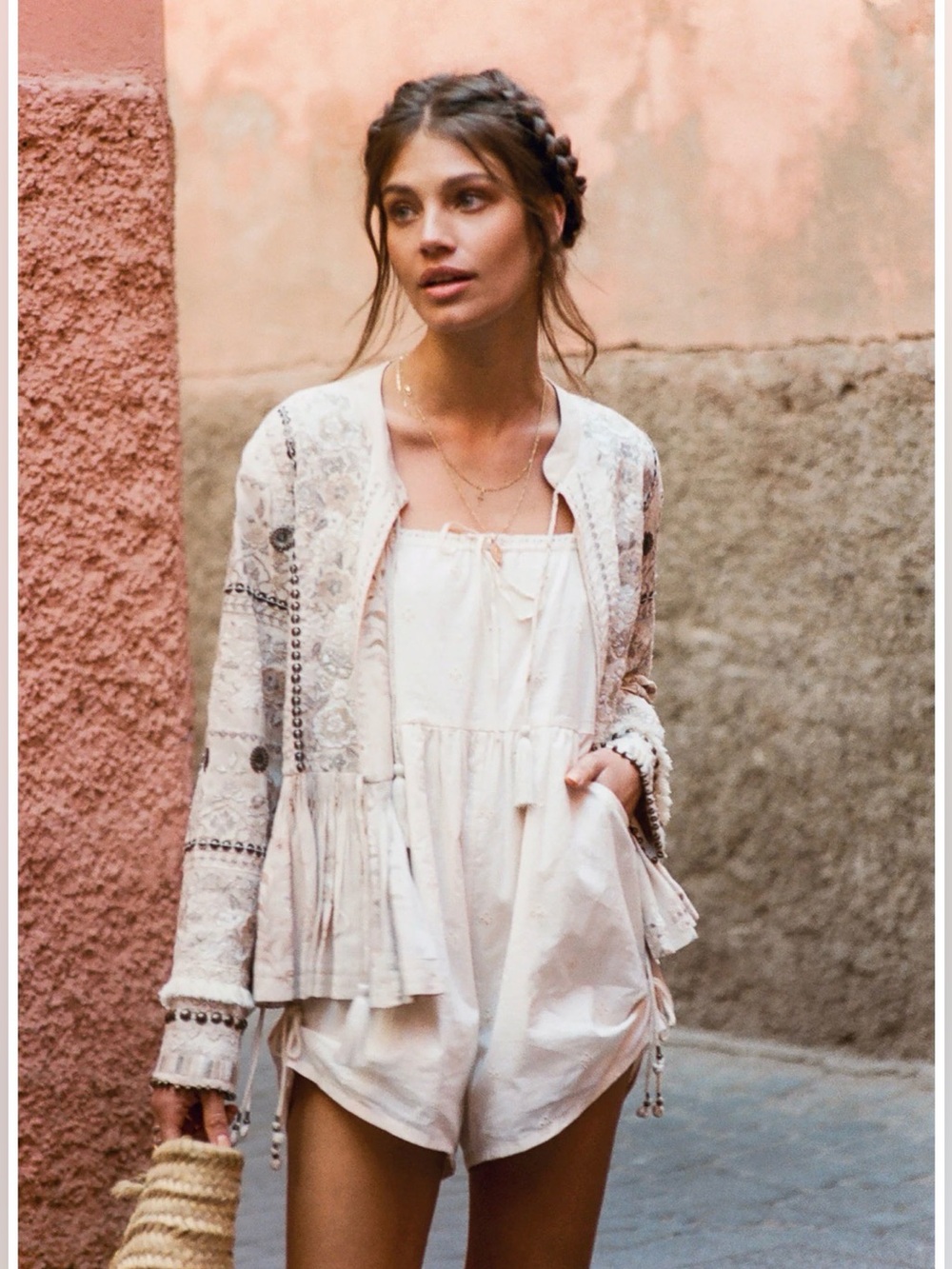 NWOT Spell Vintage Arabian Jewel Jacket —Bohemian Tassel-Peplum Blush Cream XXS